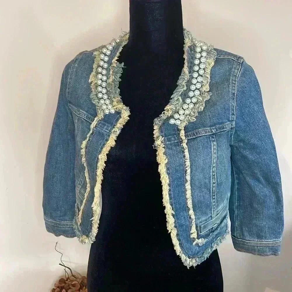 Princess Vera Wang XS Cropped Beaded Denim Blazer